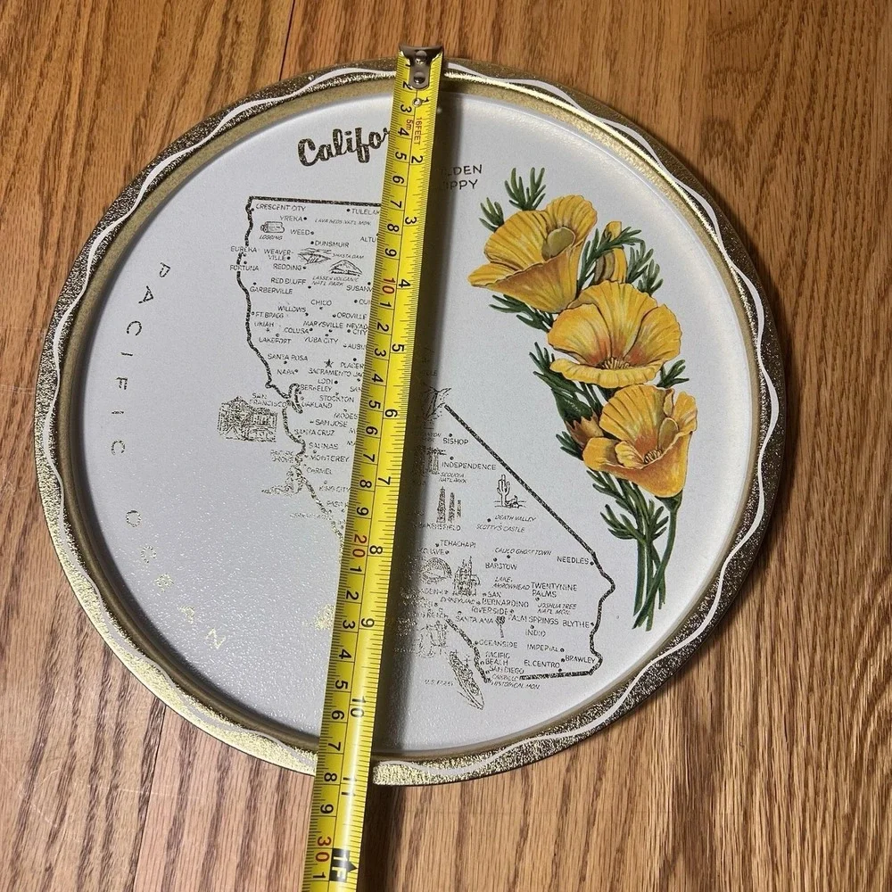 Vintage California Map Souvenir Litho Metal Tray Gold State Flower Poppy Floral